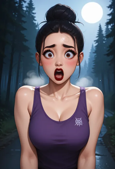 1girl, perfect face, black hair bun, hair up, black round eyebrows, black eyeliners, big brown eyes, nose, thick red lipstick, (shocked, big eyes, blushing, open mouth), beautiful girl, v-neck, purple tank top, ((female asian, face asian)), death forest ro...