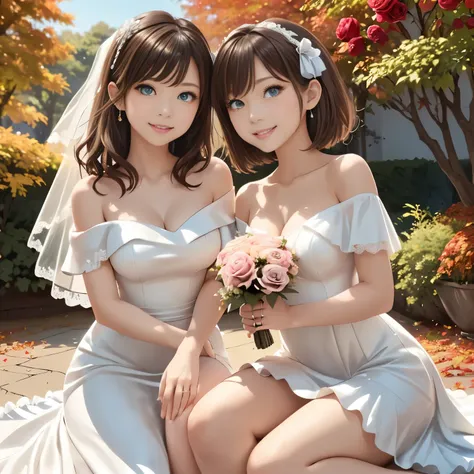 masterpiece, best quality, ultra high res, anime style, soft and warm atmosphere, autumn color palette with rich reds, oranges, and golds, gentle sunlight, soft focus, dreamy lighting, two beautiful sisters,
older sister: elegant, tall, slender, (long wavy...
