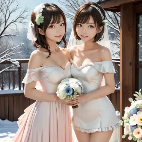 masterpiece, best quality, ultra high res, anime style, soft and warm atmosphere despite the cold, winter color palette with pure whites, soft blues, and pale greys, gentle sunlight, soft focus, dreamy lighting, two beautiful sisters,
older sister: elegant...