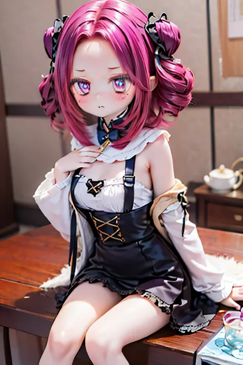 Shikoku methane　dark reddish purple hair　 Hair lift　(((  Hair loss on the way  )))　Drink tea while sitting on a table chair　Shikoku methane's hairstyle　forehead sticks out of my chest 