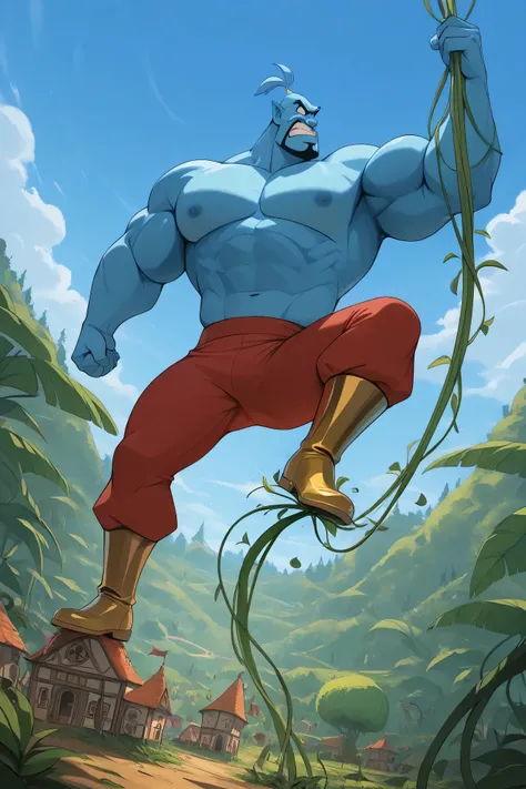 A giant strong genie, disney genie, climbing down the beanstalk, holding the beanstalk, climbing down pose, stomping the leaves, beanstalk plant, giant leaves, jungle vines, cartoon 2d style, saturaded colors, blue sky background, clouds, village down angl...