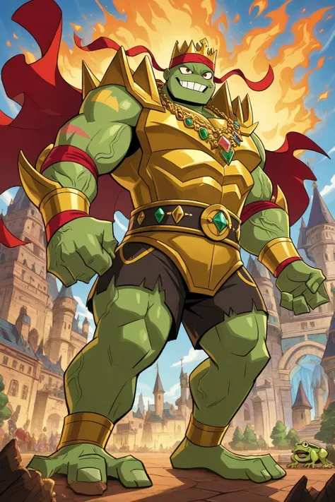 A green giant cartoon 2d frog king, gigantic chin, biggest muscular body, ginomous biceps enormous pectorals, detailed abs, golden armor with colorful jewels, golden bracelets with colorful jewels, golden necklaces with colorful jewels, golden chest with c...