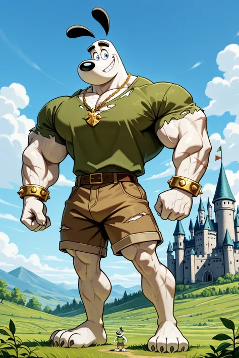A Giant muscular dudley puppy (T.U.F.F Puppy), white dog, scars, claws, veins, cartoon 2d style, giant, macro size, full body, muscular body, castle background, beanstalk plant in the clouds, Masterpiece, best quality, high quality, detailed, Dudley Puppy,...