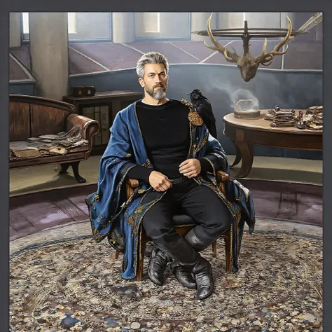 Masterpiece, 8k resolution, hyperrealistic, detailed, intricate. Classic painterly realism, reminiscent of Renaissance portraiture, with a touch of medieval fantasy art. A half-body portrait of a 36-year-old German man with a distinguished, salt-and-pepper...