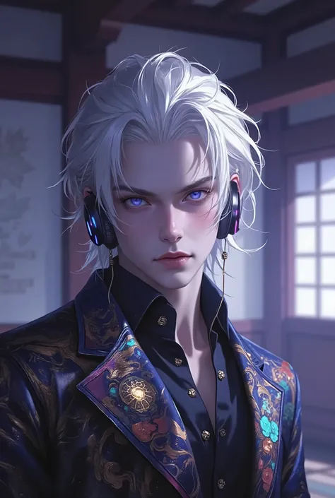 1male, Medium hair, Tied-Back Hair, Middle-age boy, ((Silver Hair)), Flawless Golden Purple Eyes, Hanafuda Earring, Perfect abs, chest, handsome, Hi-Tech Headphones, Close-Up, Intimidating Expression, Background japanese room,