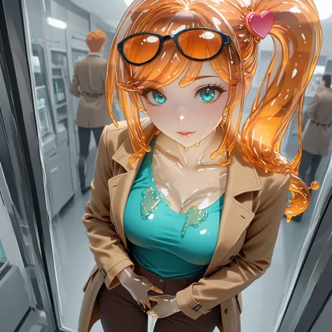 sexy adult pokemonsonia melting:1.0, clothes melting:3.0, aqua shirt, brown coat, brown jacket, coat, collarbone, eyewear on head, long sleeves, orange-tinted eyewear, pants,  aqua eyes, heart, heart hair ornament, long hair, long sleeves, orange hair, sid...