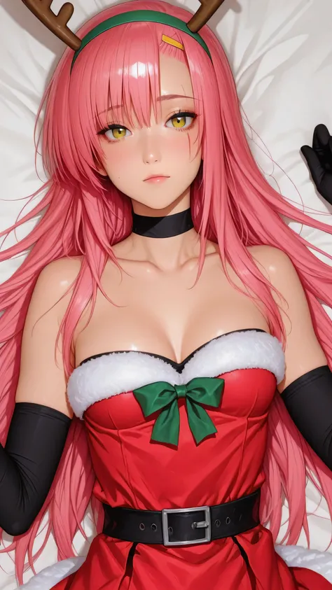 Katsura_Hinagiku, pink hair, long hair, Yellow green eyes, hairclip, small breasts, ,hinagiku katsura, long hair, reindeer antlers, green hairband, black choker, small breasts, santa costume, cleavage, fur trim, strapless dress, red dress, detached sleeves...