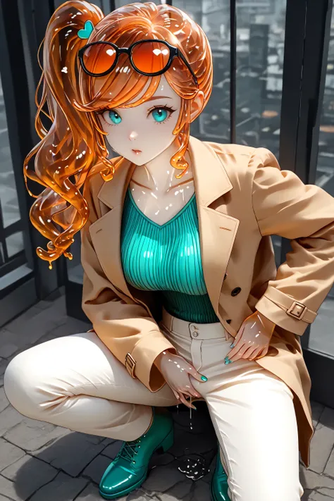 aqua footwear, aqua nails, aqua shirt, brown coat, brown jacket, coat, collarbone, eyewear on head, jacket, long sleeves, orange-tinted eyewear, pants, ribbed shirt, shirt, sunglasses, tinted eyewear,,pokemonsonia, aqua eyes, heart, heart hair ornament, lo...