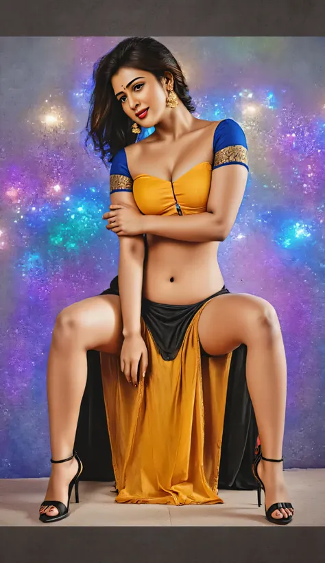 full body, front picture, young Indian woman in sexy, lesbian sex fair skin, full sex romance full indian bride look and makeup and looks red dark lips open hair indian girl sexy, wearing black leather skirt with high heels and off shoulder strapless half ...