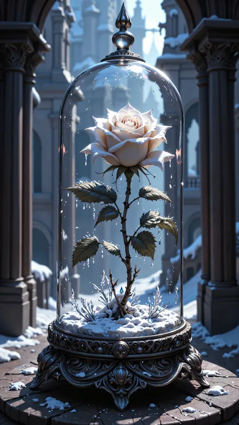 Epic western cartoon style, frozen delicate white rose under vintage glass dome, the rose is (((covered in crystals of ice and snow))), breathtaking Gothic arched balcony in background, (Bloodborne vibes), masterpiece in maximum 16K resolution, ultra detai...
