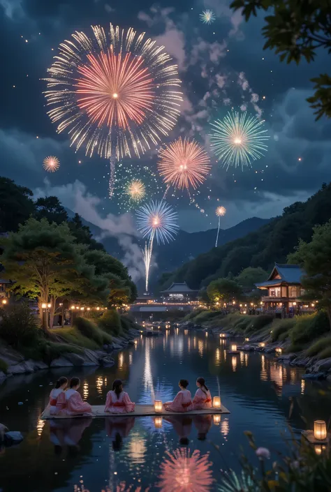 
Traditional Japanese summer fireworks festival (hanabi taikai) at night, set along a serene river in a small countryside town, fireworks bursting in vivid red, gold, and green against the dark indigo sky, reflections shimmering on the water, spectators in...