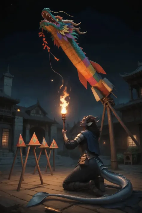 In the foreground, kneeling down, Kedra, by a girl with dark blue-gray skin with a long dragon tail at the back dressed in light leather armor and black medieval pants, holds a large bright torch in her hand, illuminating with warm light and brings the tor...