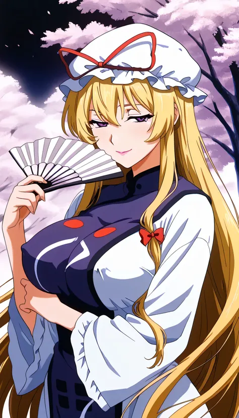 best quality, anime_source, source_anime, masterpiece, high resolution, Alone, mature woman, {yakumo_Connection_Orient:1.15}, blonde hair, ribbon, hin, hair length, pain cap, hin ribbon, red ribbon, pink lips, seductive smile, white hat, hair 前, bow, chest...