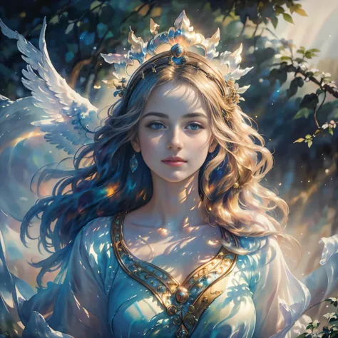 (best quality,4k,8k,highres,masterpiece:1.2),ultra-detailed,(realistic,photorealistic,photo-realistic:1.37),classic religious painting,Святая,halo,divine light,heavenly countenance,ornate crown,holy aura,serene expression,flowing robes,angelic wings,sacred...