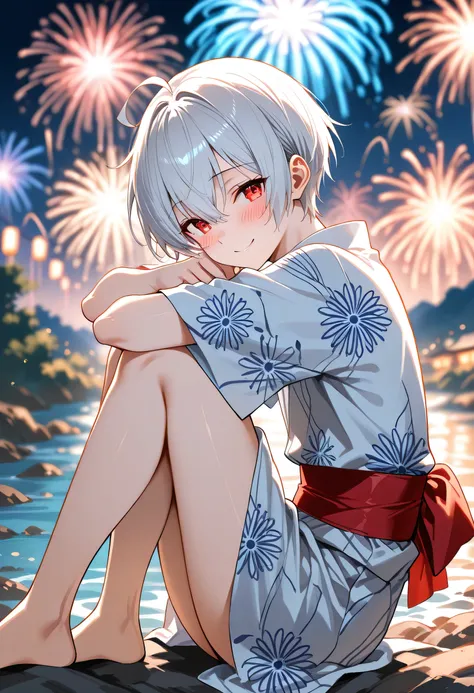 score_9, score_8_up, score_7_up, source_anime, masterpiece, solo, ((femboy)), ((feminine male)), ((Ahoge)), ((White very-short hair)), red eyes,  yukata, skinny body, kind smile, blush, BREAK ((aerial_fireworks)), in the night, from side,  hugging own legs...