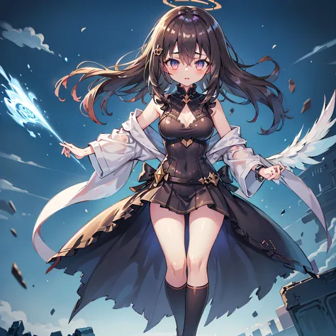 masterpiece, best quality, original flugel girl, dark-themed fantasy, wearing a black elegant dress with deep side slits exposing sideboob, tight and flowing fabric, confident and mysterious expression, glowing dark angel wings, cracked golden halo above h...