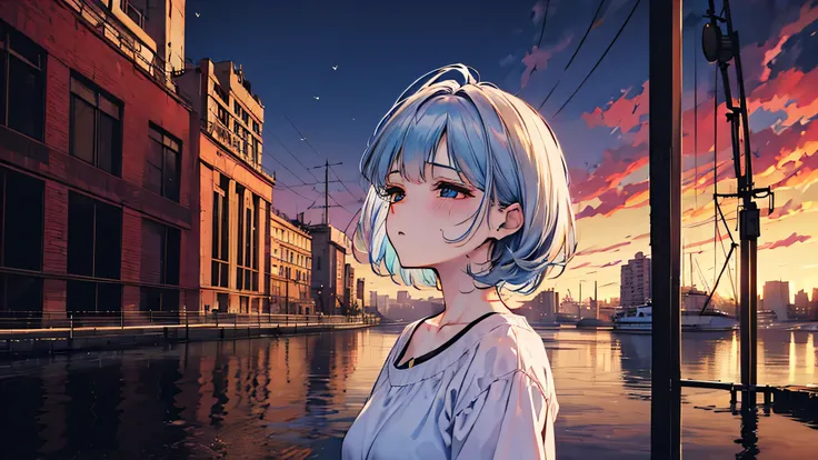 A dreamy cinematic close-up of a young woman standing alone on a quiet nighttime pier, the water behind her reflecting scattered city lights. Her hair is gently moved by the breeze, illuminated by soft blue and amber tones. In the background, faint bokeh o...