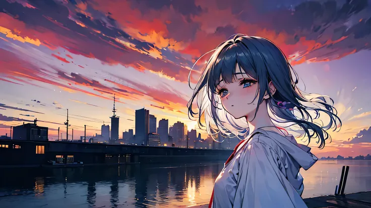 A dreamy cinematic close-up of a young woman standing alone on a quiet nighttime pier, the water behind her reflecting scattered city lights. Her hair is gently moved by the breeze, illuminated by soft blue and amber tones. In the background, faint bokeh o...