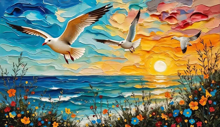 alchogol ink fluid, azure-blue-lime peach yellow bronze red burgundy, in the style of Gustav Klimt, sea sunset seagulls