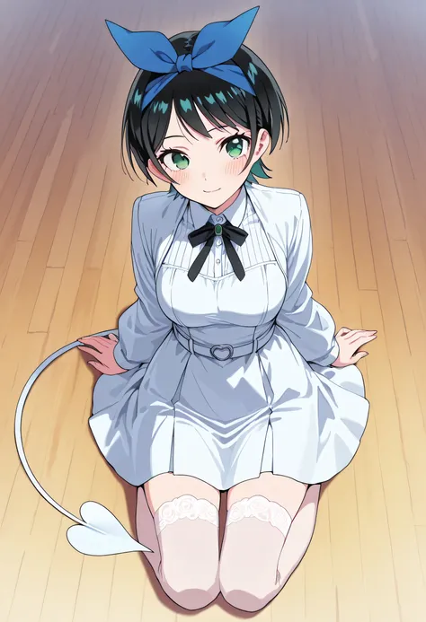 score_9, score_8_up, score_7_up, source_anime, 1girl, (Ruka Sarashina, short hair, bangs, black hair, ribbon, green eyes, hair ribbon, headband, blue headband), ahoge, best quality, masterpiece, ultra-detailed, high quality, highres, pretty woman, beautifu...