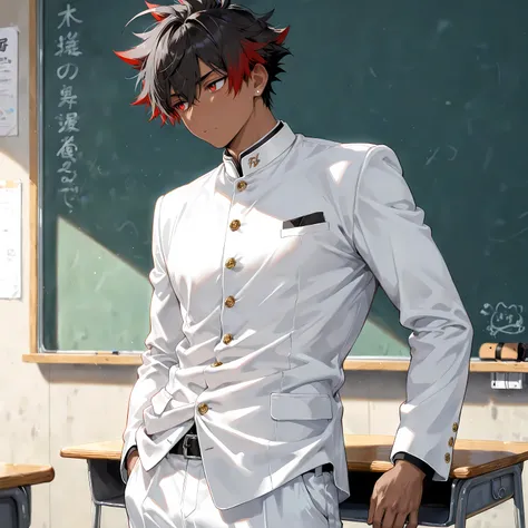 masterpiece , best quality , 1male , 18 Years Old , male focus , masculine , dark skin , solo , short wavy spiked hair with ahoge , medium length in the back , black hair with burgundy highlights , bored vibrant red eyes , white gakuran jacket , white pant...
