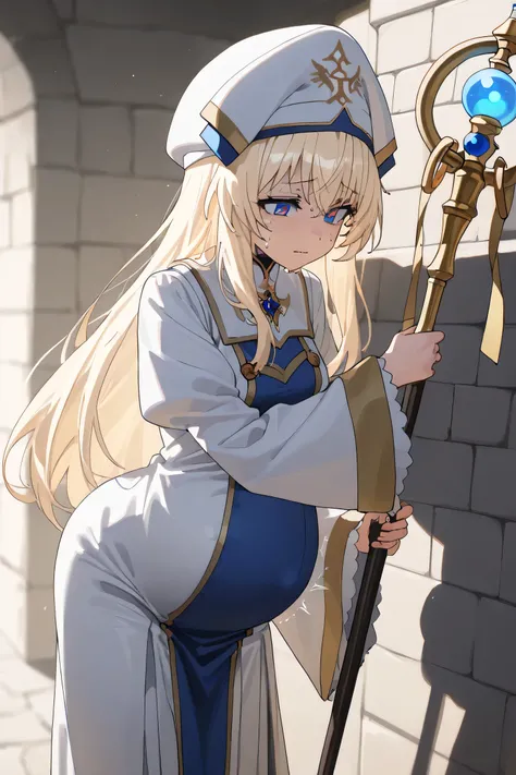 (Best quality, 4k, 8k, high resolution, masterpiece:1.2), ultra detailed, intricate details, beautiful girl, SOLO,  alone, long white hair, bangs, red colored eyes, small-medium breasts, perfect smooth skin, head tilted, (Pregnant:1.1), white and blue cler...