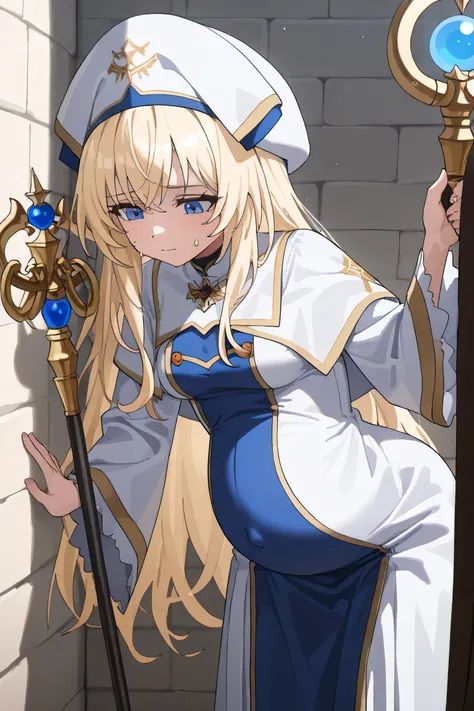 (Best quality, 4k, 8k, high resolution, masterpiece:1.2), ultra detailed, intricate details, beautiful girl, SOLO,  alone, bangs, small-medium breasts, perfect smooth skin, head tilted, (Pregnant:1.1), white and blue cleric robe with gold trims and details...