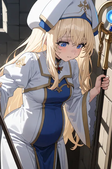 (Best quality, 4k, 8k, high resolution, masterpiece:1.2), ultra detailed, intricate details, beautiful girl, SOLO,  alone, bangs, small-medium breasts, perfect smooth skin, head tilted, (Pregnant:1.0), white and blue cleric robe with gold  and details, spl...