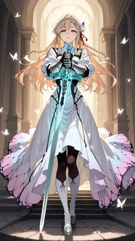 An ultra high detailed of Full-body view of a female warrior. She has a Gentle and refined female face with delicate, well-balanced features; fair smooth skin; large, expressive blue eyes with a calm gaze; soft straight eyebrows; small, elegant nose; and l...