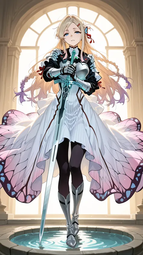 An ultra high detailed of Full-body view of a female warrior. She has a Gentle and refined female face with delicate, well-balanced features; fair smooth skin; large, expressive blue eyes with a calm gaze; soft straight eyebrows; small, elegant nose; and l...