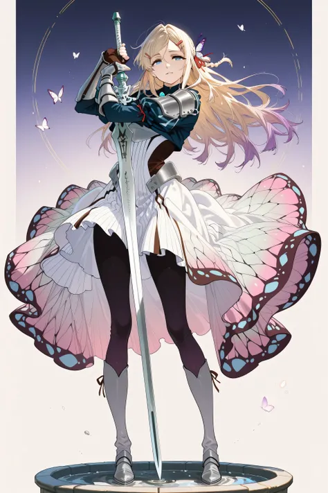 An ultra high detailed of Full-body view of a female warrior. She has a Gentle and refined female face with delicate, well-balanced features; fair smooth skin; large, expressive blue eyes with a calm gaze; soft straight eyebrows; small, elegant nose; and l...