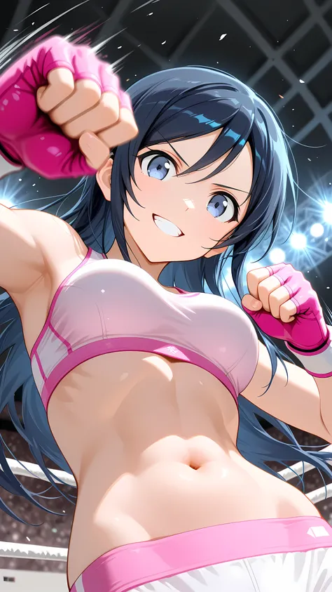 aragaki ayase, solo, white and pink sports bra, white and pink boy-leg cut sports underwear, pink fingerless gloves, serious grin, looking at viewer, Detailed eyes, Detailed face, belly button, well-toned body, portrait, face focus, from below,
p4nch,look...