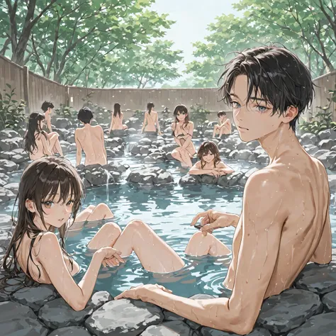soaking in a hot spring、Multiple naked students、Mixed bathing for men and women、Naked students who don't take hold
