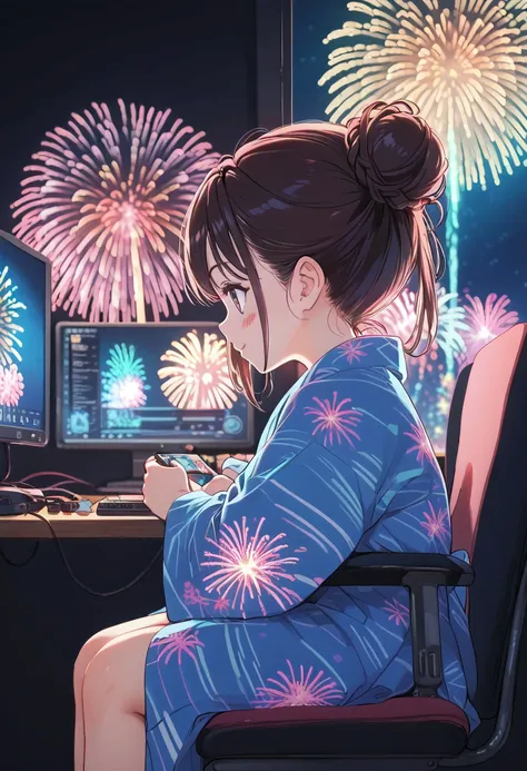 score_9, score_8_superior, score_7_superior, masterpiece, best quality, absurdres, high_fidelity, vibrant, sauce_anime, (rating_explicit:0.7), Adorable, 1girl, solo, (chibi:1.2), low bun, yukata, sitting on chair, happy, blush stickers, multiple monitors m...