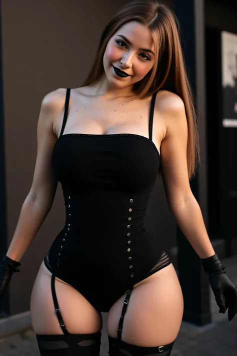 solo, shy, thick thighs, wearing glasses, close up, upper bodyshot, pouting lips, big breasts, small waist, slim, cute smile, cleavage, freckles, seductive, black lipstick,  