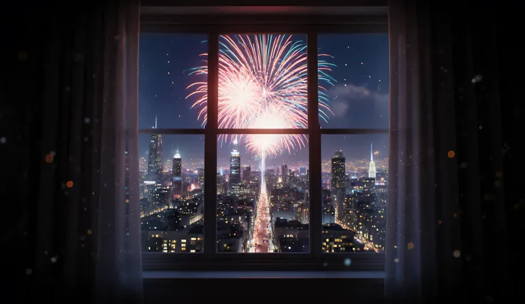 Scenery Seen Through a Window,Windowside with fireworks visible、high quality realistic 3d rendering,precise texture,Sparkling night view,Deep Colors,sophisticated composition,Charming Atmosphere,delicate details,Exquisite Bokeh ,Masterpiece,City,Lots of fi...