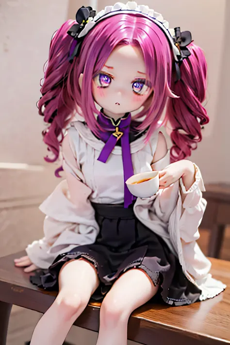 Shikoku methane　dark reddish purple hair　 Hair lift　(((   )))　Drink tea while sitting on a table chair　Shikoku methane's hairstyle　Middle parted hairstyle　stick out your forehead