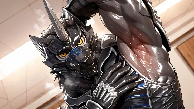 (Zen Aku), Power Rangers Wildforce, wolf, armor, (black body, manly, masculine, mature, muscular, defined muscles, bara), monster male, no human, close up, looking at viewer, BREAK, presenting armpit, spread armpit, presenting five fingers, armpit, arm up,...