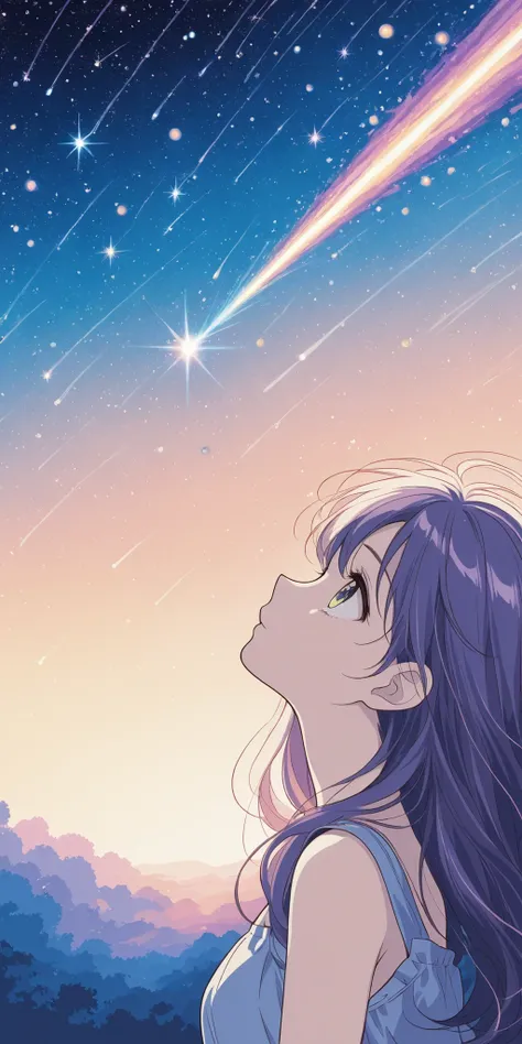 solo,relaxed and cozy style,(flat color:1.2), simple color,girl manga style, line art,deformed cute 1girl looking up, close-up. sunset, beautiful detailed sky, golden hour, ((many:1.3) cosmic colorful transparent shooting_star:1.3),from side