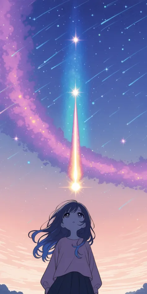solo,relaxed and cozy style,(flat color:1.2), simple color,girl manga style, line art,deformed 1girl looking up. sunset, beautiful detailed sky, golden hour, (many cosmic colorful transparent shooting_star:1.3),(from below:1.2)