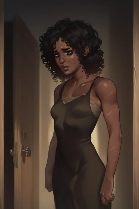 Dark skinned female, small breasts woman, black with long curly hair, thin, wearing a brown dress, scars on the body, old dress, with a sad expression, looking down, scars on the arms, facing a door wooden 
