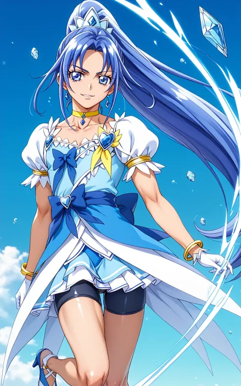 score 9 、score 8 up、score 7 up、source anime、傑作、Best quality、Best resolution、best image quality、anime coloring、anime screencap、anime screenshot、1boy、cure diamond is a boy、(manly face:1.6)、solo、boy is wearing a blue dress、long blue hair boy、sparking blue eye...