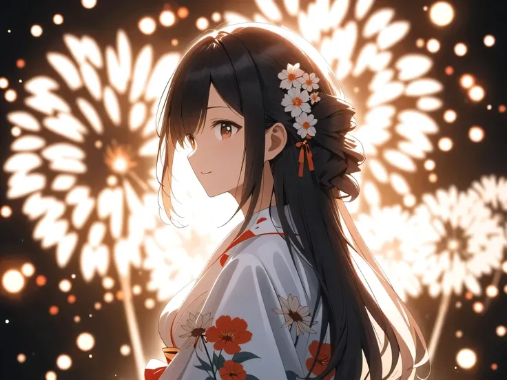 ((illustration, ultra-high detailed, Japanese anime style,   Shinkai Makifu , Beautiful lines, golden ratio full body composition, CG Unity, wallpaper, Fireworks Festival), break ( Beautiful Adult Women, Wearing a Japanese Kimono,  Smile at You , Strongly ...