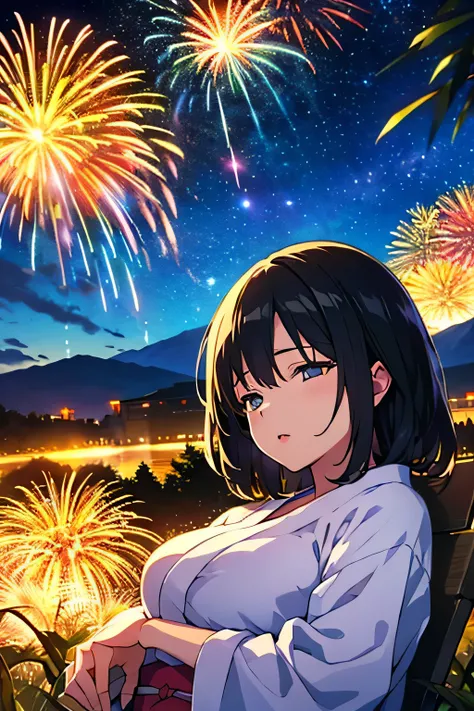 animation、high image quality、high resolution、one woman、sleeping in large letters、Yukata、fireworks in the night sky、fireworks display、Grass on the plateau