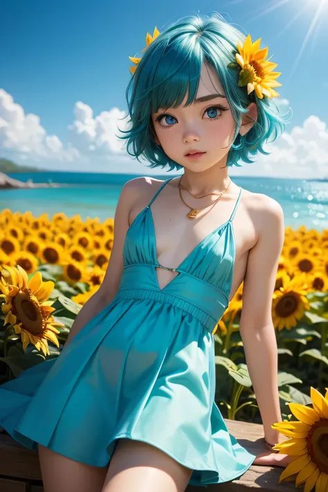 Femboy,otoko no ko,((so flat chest)),(blue Aqua) hair, (short hair), blue eyes,cute face, shy face,smooth skin, hot body, gold frilled dress, short dress, red dress, hot pose, sexy fose, sea background sun flower frame