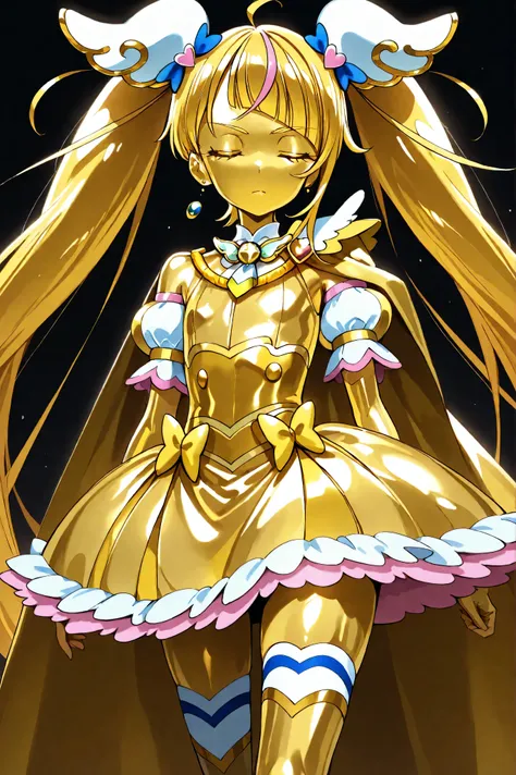 Cure Sky, masterpiece, best quality, Newest, very high definition, closed eyes, yellow hair, yellow sclera, closed mouth, No students, Yellow skin, glossy skin, metal skin, Black eyebrows, Slanted eyebrows, 1girl, solo, cowboy shot, standing, dynamic, wa...