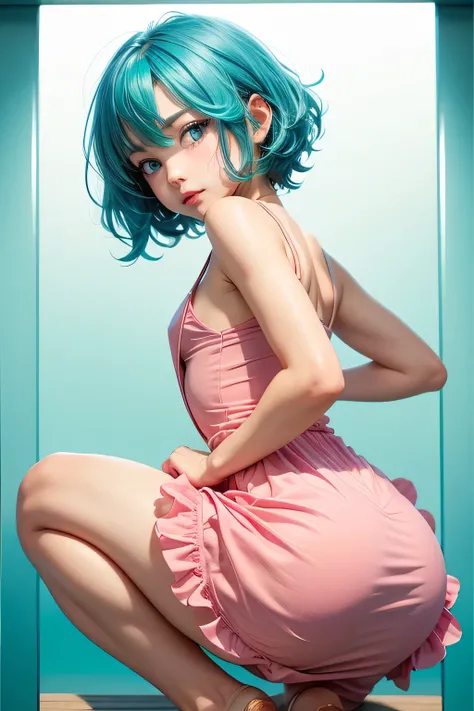 Femboy,otoko no ko,((flat chest)),(blue Aqua) hair, (short hair), blue eyes,cute face, shy face,smooth skin, sexy body, hot butt, gold frilled dress, short dress,pink dress, hot pose, sexy fose, lily background golden frame