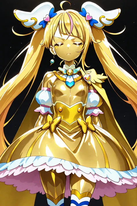 Cure Sky, masterpiece, best quality, Newest, very high definition, closed eyes, yellow hair, yellow sclera, closed mouth, No students, Yellow skin, glossy skin, metal skin, Black eyebrows, Slanted eyebrows, 1girl, solo, cowboy shot, standing, dynamic, wa...