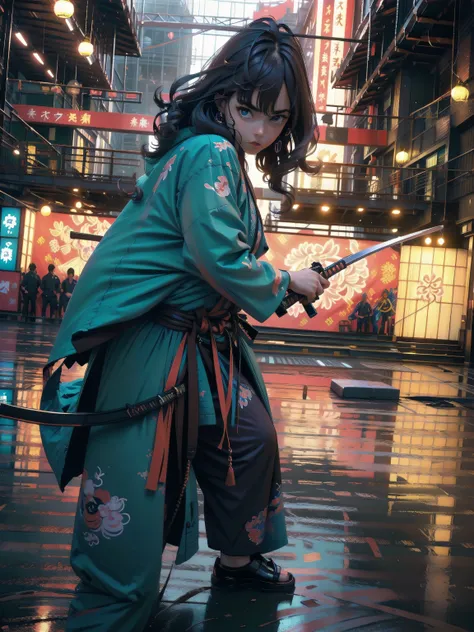 ((A Japanese martial artist wielding a katana, full body)), (best quality, 4k, 8k, highres, masterpiece:1.2), ultra-detailed, (realistic, photorealistic, photo-realistic:1.37), intricate details, dramatic lighting, muted color palette, cinematic compositio...