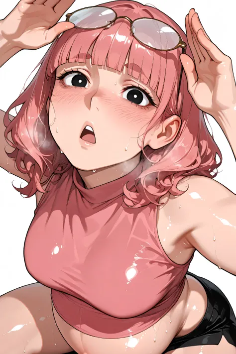 detailed eyes, detailed face, BREAK girl, blank white background, sweaty body, eyes on viewer, (1girl, solo), fat body, mature woman, long wavy hair cut, blunt bangs, face line, face pucker, face wrinkle, fat body, pink hair, perfect eyes, black eyes, shin...